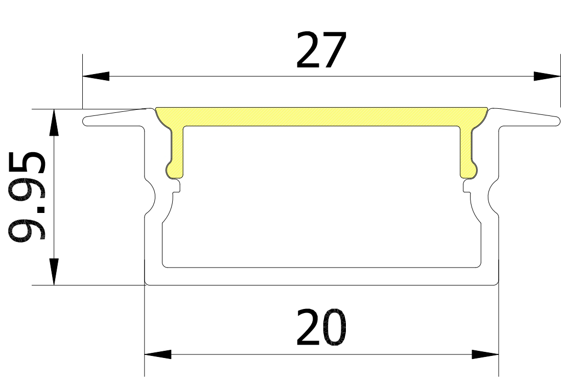 (27mm)20mm x 9.95mm Rectangular Aluminium Winged Recessed LED Profile in Black or Silver - (DLA2010 - W)